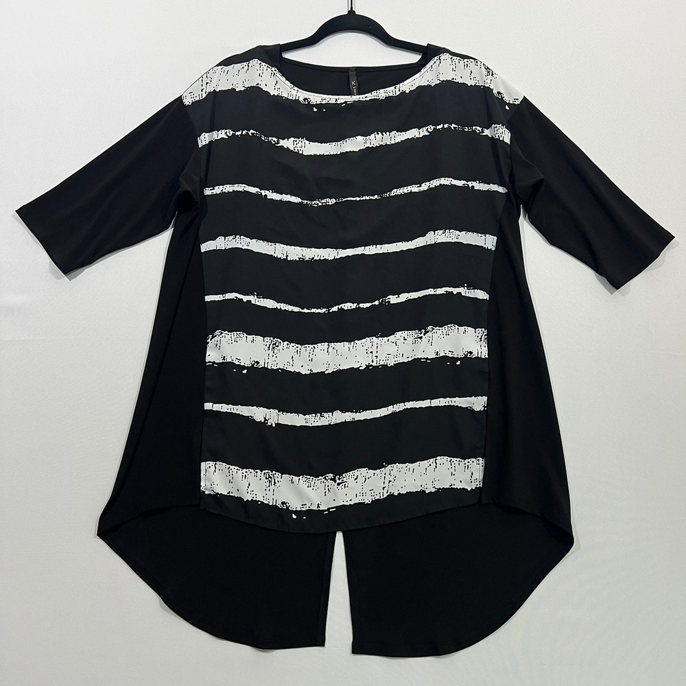 IC Collection Connie K Tunic Top Women Small Black White Stripe Asymmetric Artsy